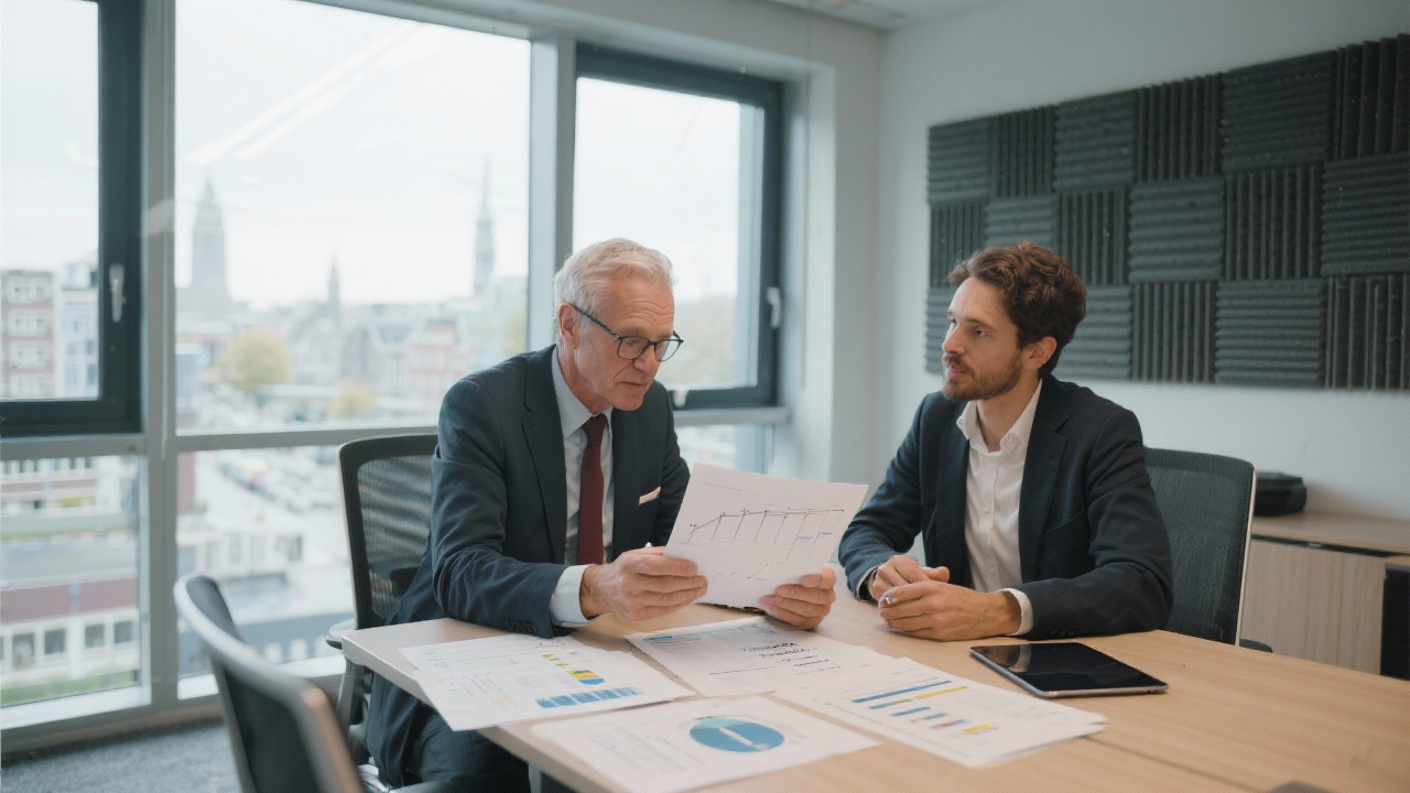 Senior advisor and entrepreneurial client reviewing funding timeline and tax-efficient structure over printed reports and tablets inside contemporary Amsterdam office with floor-to-ceiling windows and acoustic panels.