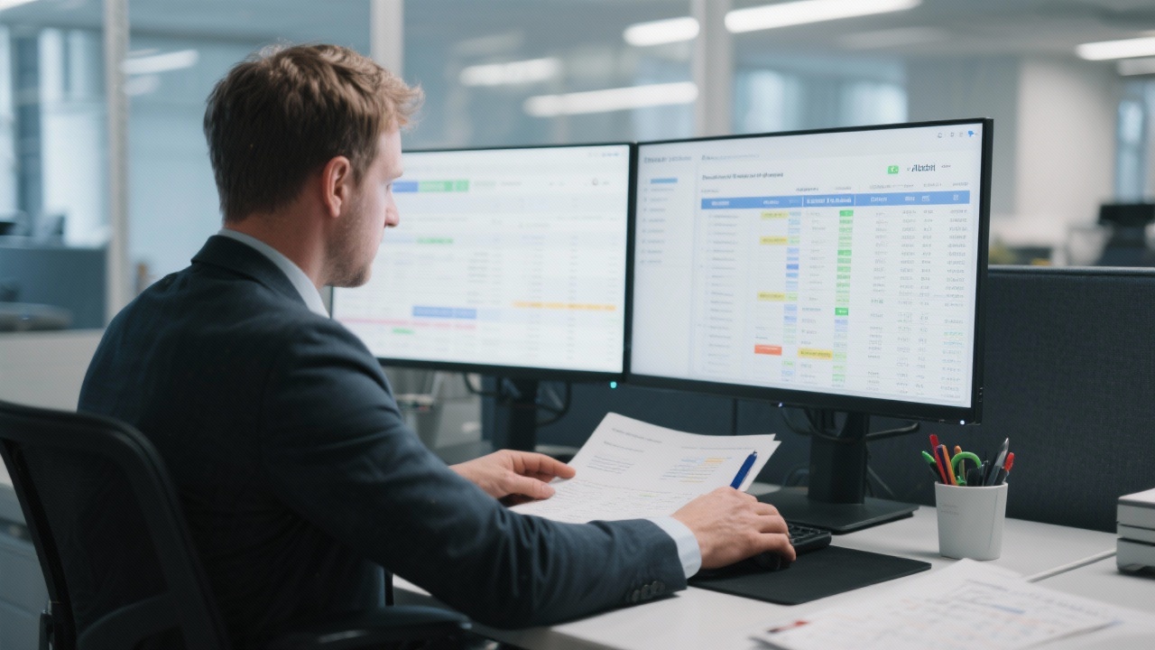 Auditor analysing ledger variances, reconciliation reports and internal control matrices on dual monitors while annotating risk findings in secure Amsterdam office environment.