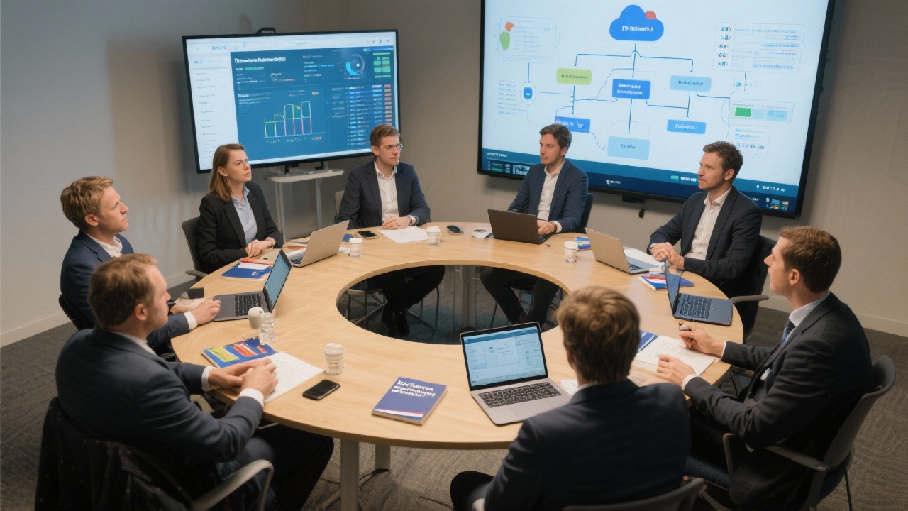 Small compliance workshop with circular seating where advisors facilitate regulatory change discussion using Dutch-language playbooks, cloud architecture diagrams and laptop dashboards for real-time scenario modelling.
