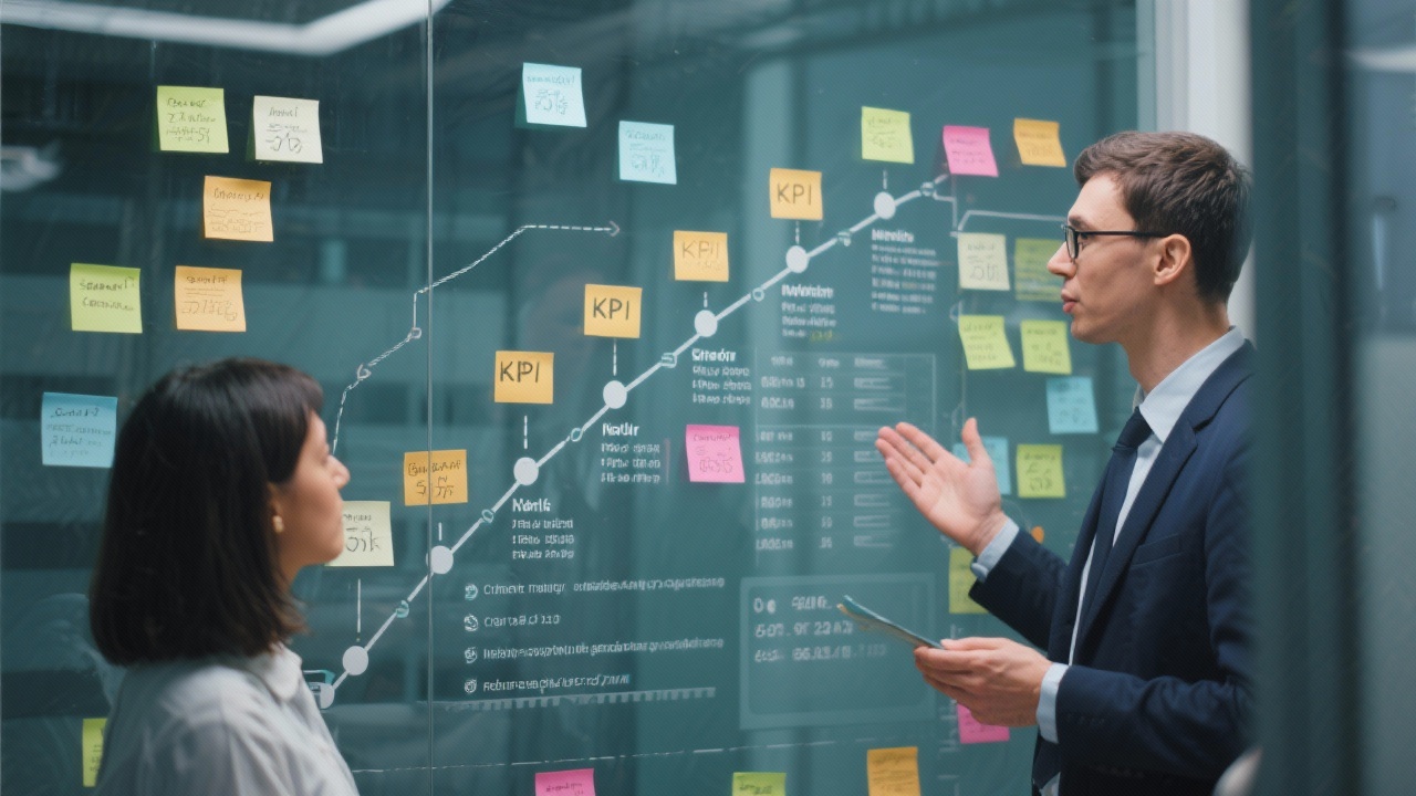 Detailed financial roadmap with milestones, KPI tags and sticky notes arranged on glass wall while advisor briefs colleague about client onboarding priorities and regulatory deadlines.