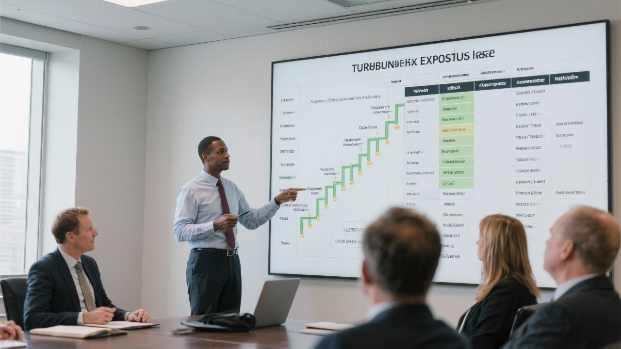 Risk manager presenting treasury exposure matrix and hedging ladder on large wall display to board members, highlighting governance triggers and scenario-based mitigations.