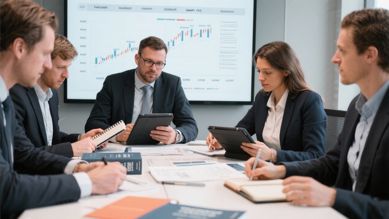Tax strategists comparing multi-year projections, fiscal timelines and GAAP to IFRS adjustments using notebooks, tablets and Dutch tax codes during focused planning session.