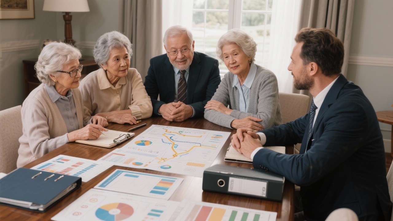 Multi-generational family discussing wealth planning roadmap with advisor, surrounded by pension charts, charitable giving plans and estate governance binders on polished wooden table.